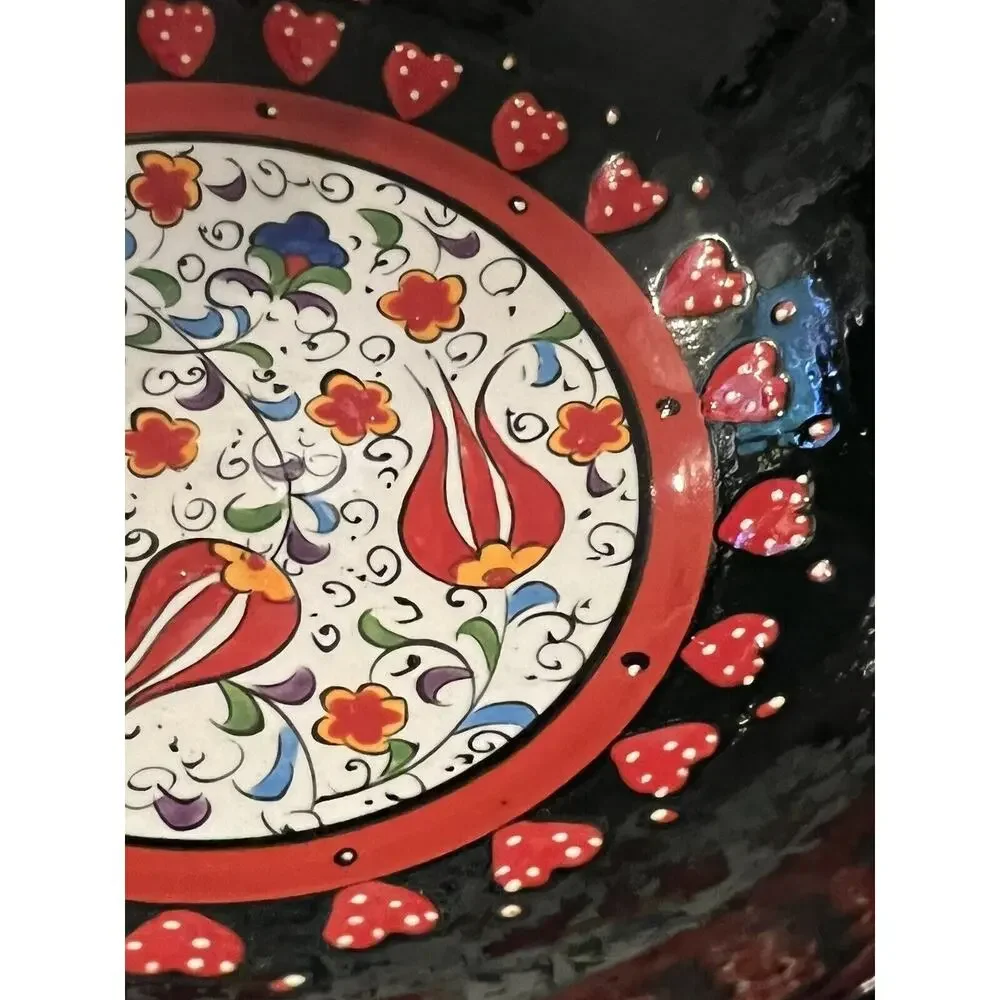 Handmade Painted Ceramic Turkish Bowl Glazed Flowers Colorful Raised Hearts